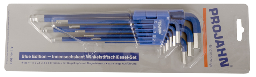 Winkelstiftschlüssel-Satz BLUE magnetisch für Innen-Skant-Schrauben mit Kugelkopf extra lange Form