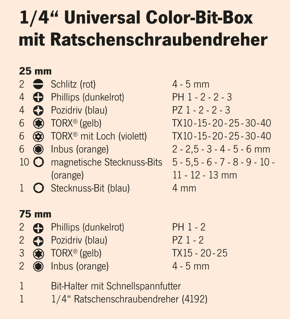 COLOR Bit-Box mit Ratschenschraubendreher 6,3 [1/4"]